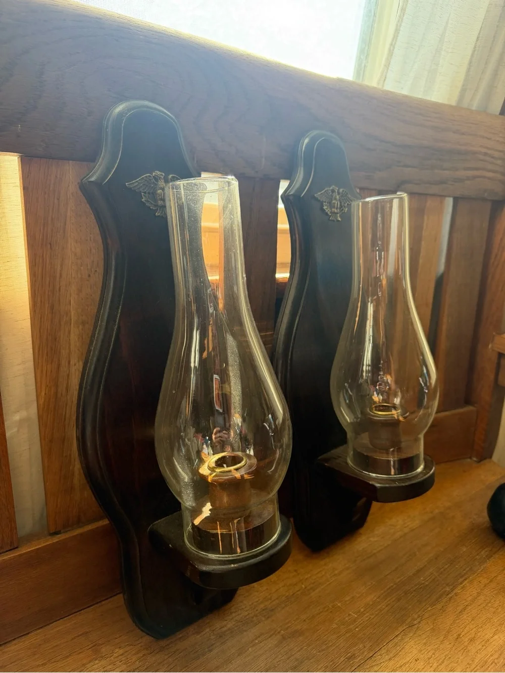 Vintage-Style Black Wood Wall Sconce Pair with Clear Glass Chimneys